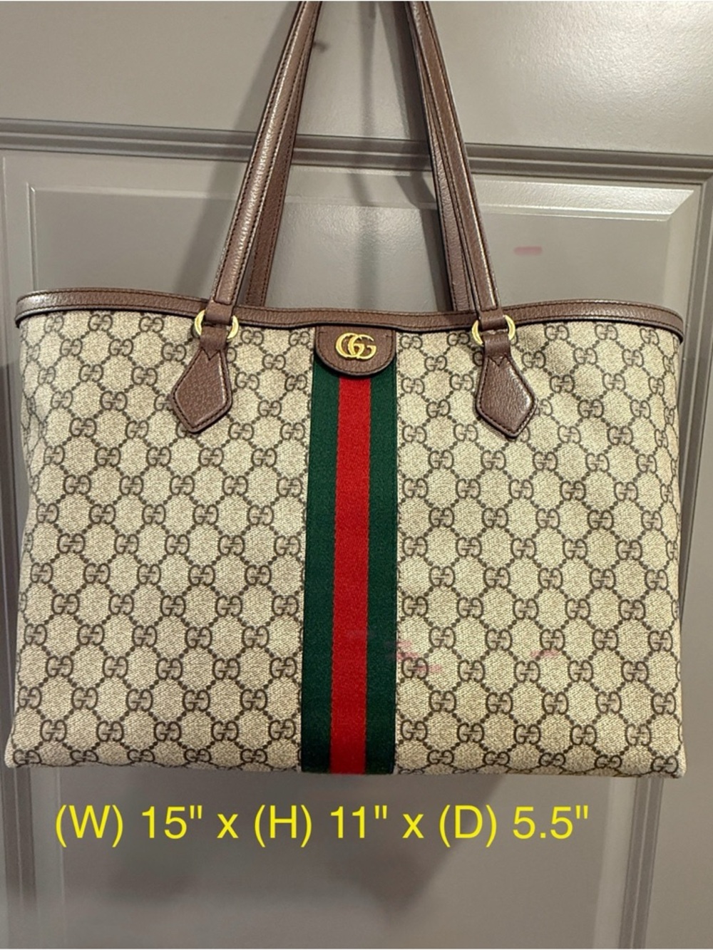 Gucci Beige/Brown GG Canvas Tote with Green and Red Web - Picture 2 of 3